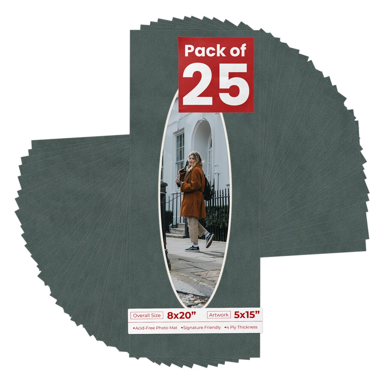 Dark Grey Suede Mat Board for 8x20 Frames - Oval Opening for 5x15 Photos